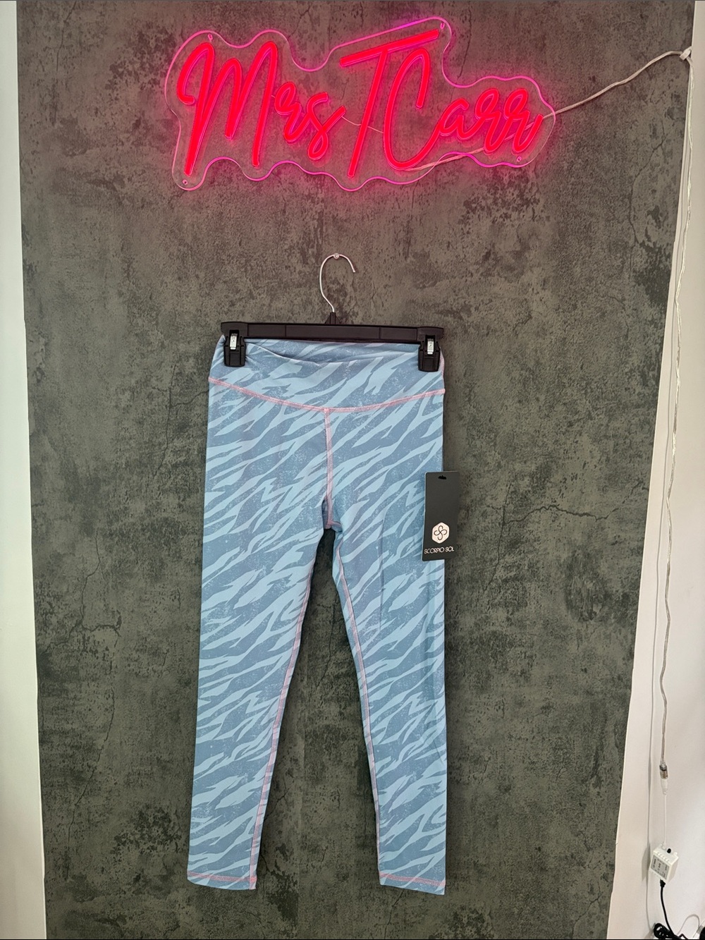 Scorpio Sol Light Blue Zebra-Print Leggings with Pink Stitching